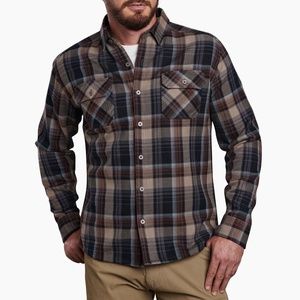 MENS KUHL DISORDR TWILL FLANNEL SHIRT DESERT SAND LARGE TAN BLUE BROWN BLACK